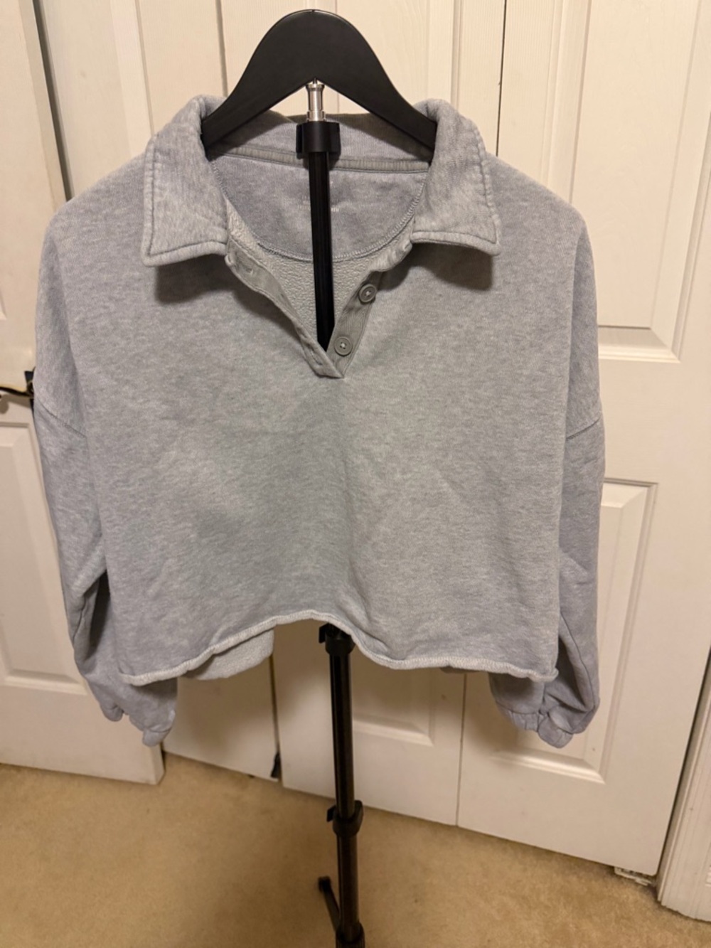 American Eagle Outfitters Light Heather Gray Cropped Button Collar Sweatshirt